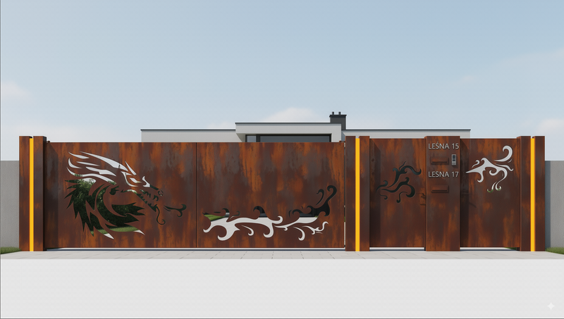 Brama wjazdowa, przesuwna ze stali Cor-Ten - Smok minimalist gate dragon