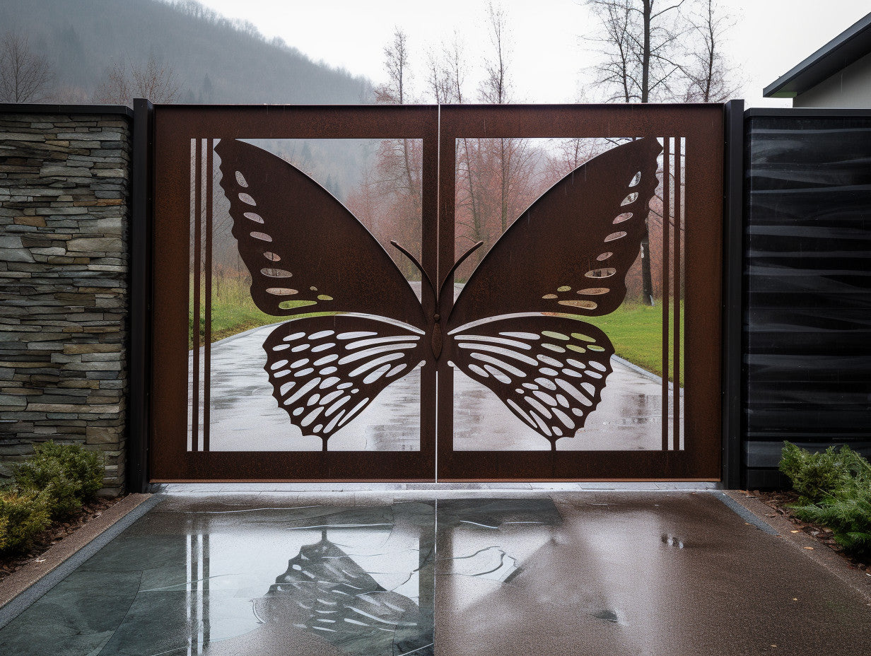 Brama wjazdowa ze stali COR-TEN® - natura, motyl