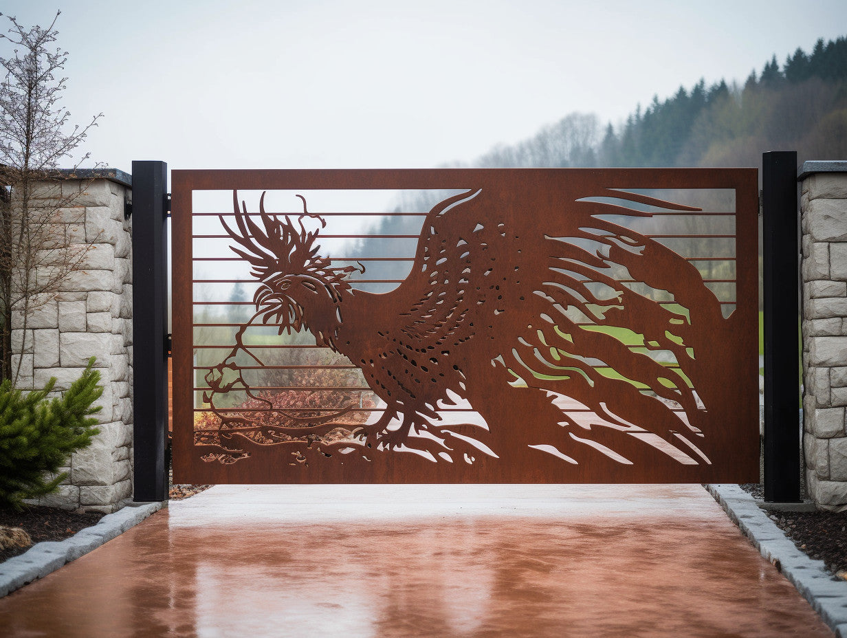 Brama wjazdowa ze stali COR-TEN® - natura, kogut