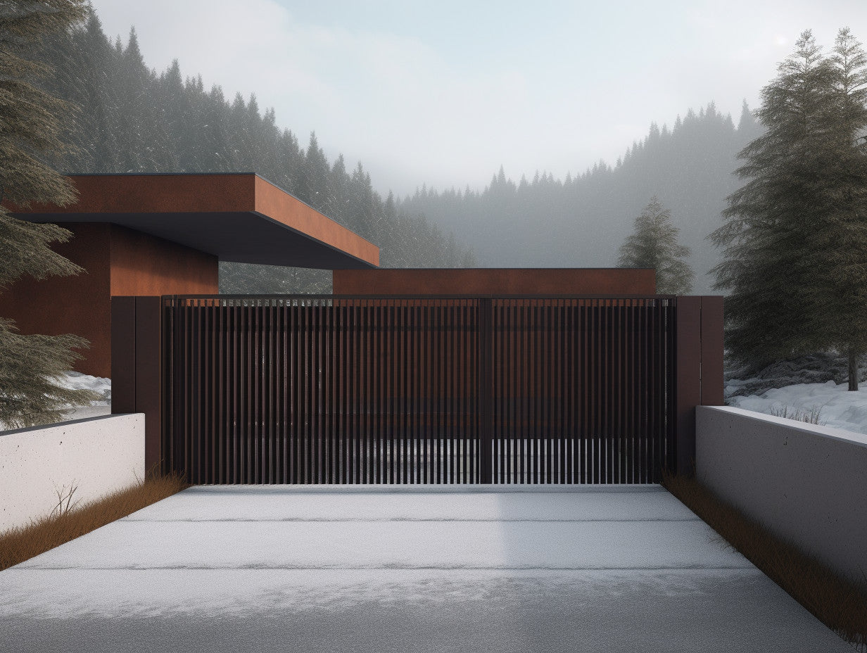 Brama wjazdowa ze stali COR-TEN® - oszczędna, pionowe sztachety, styl bauhaus