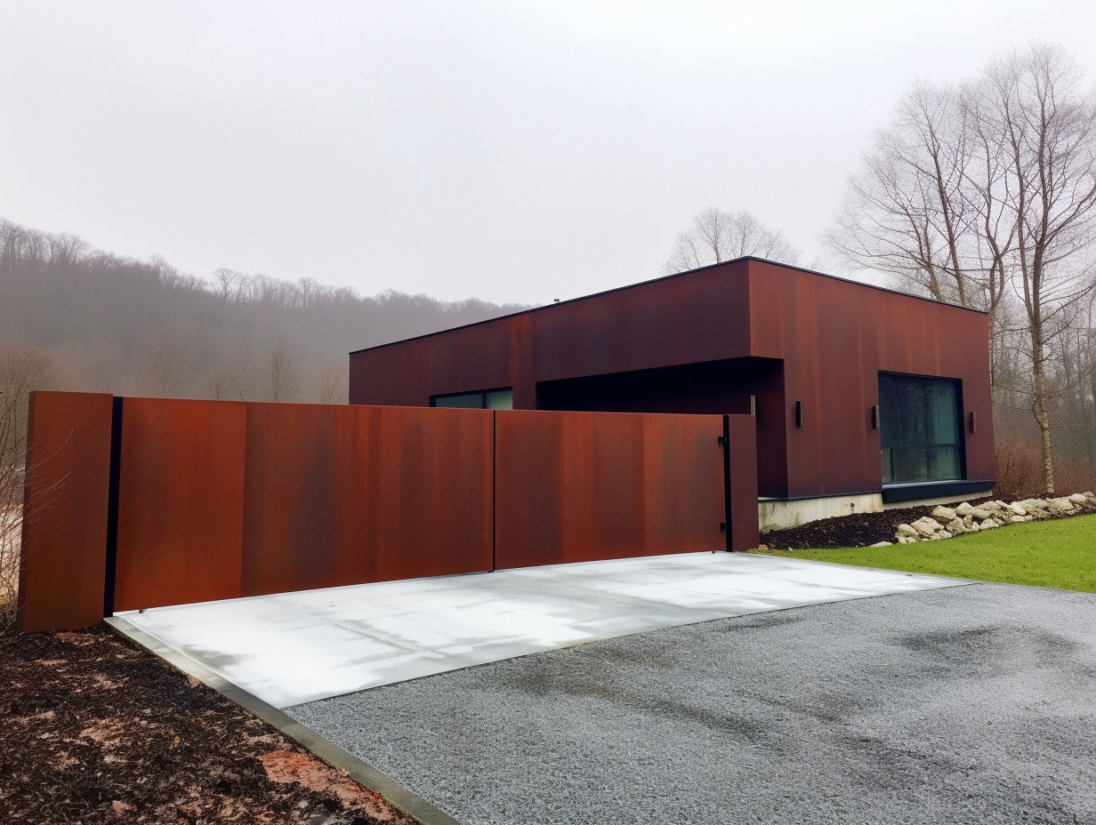 Brama wjazdowa ze stali COR-TEN® - minimalistyczna, wypełniona