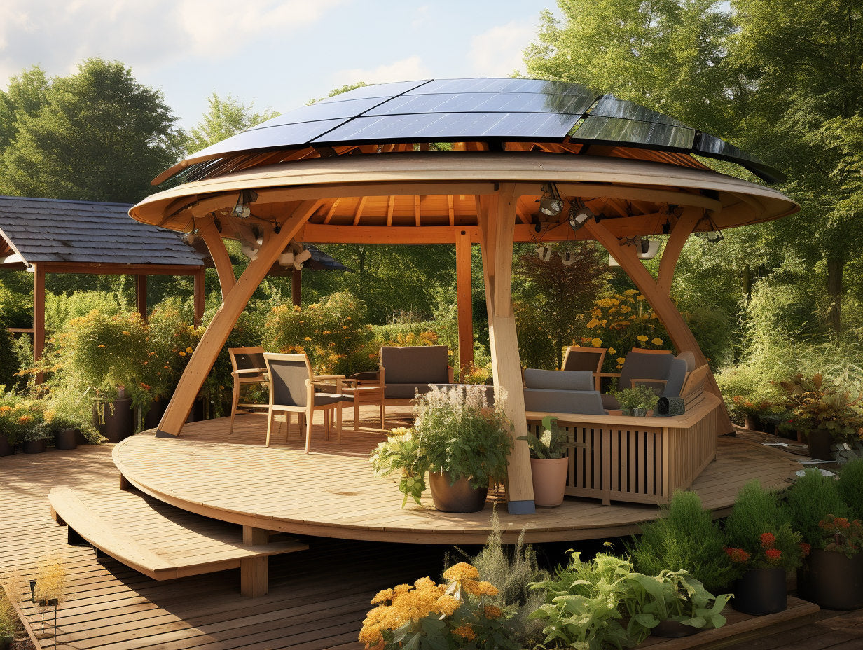Holzpavillon mit Sonnenkollektoren. 