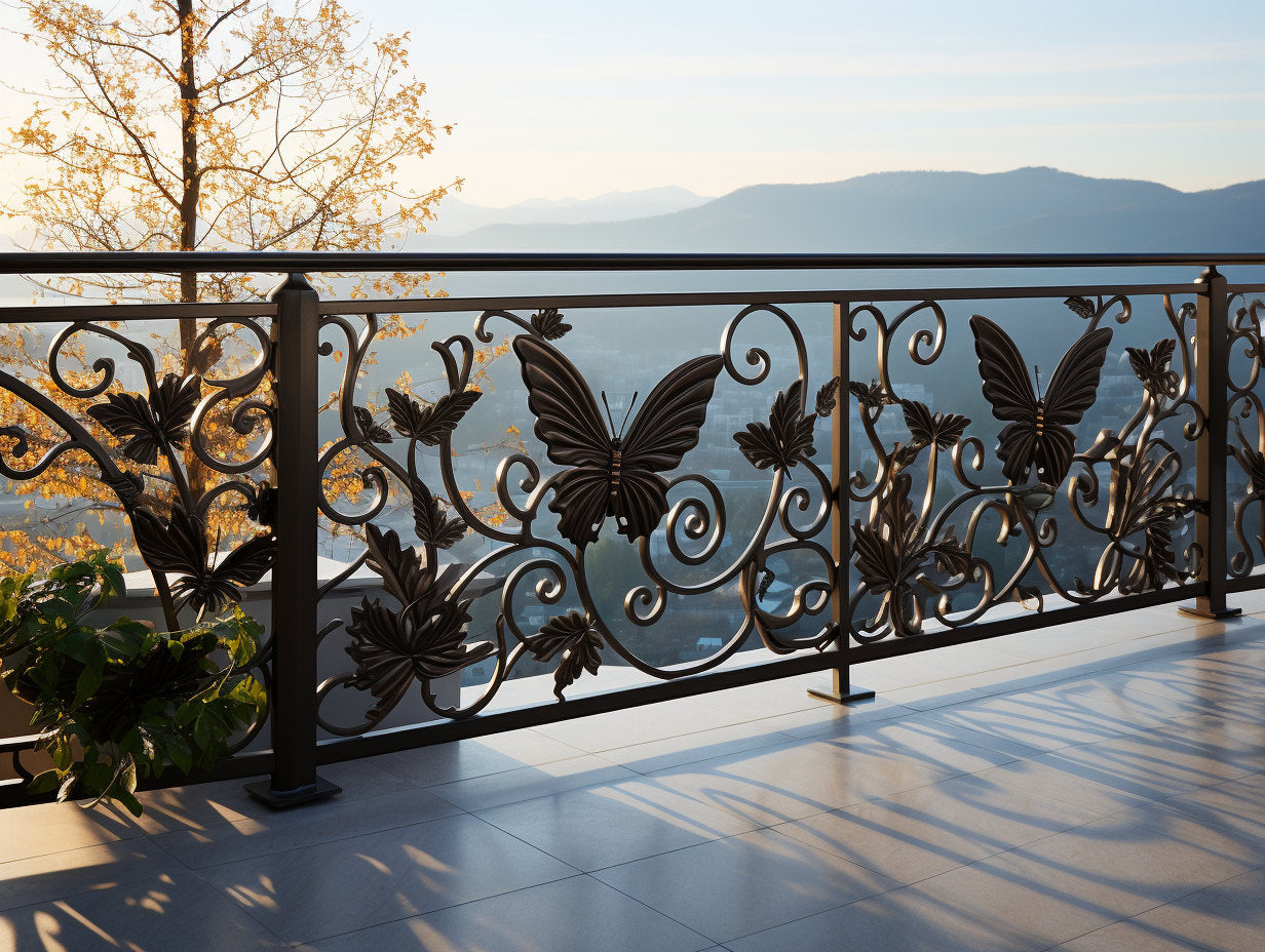 Balustrada zewnętrzna z motylem kuta