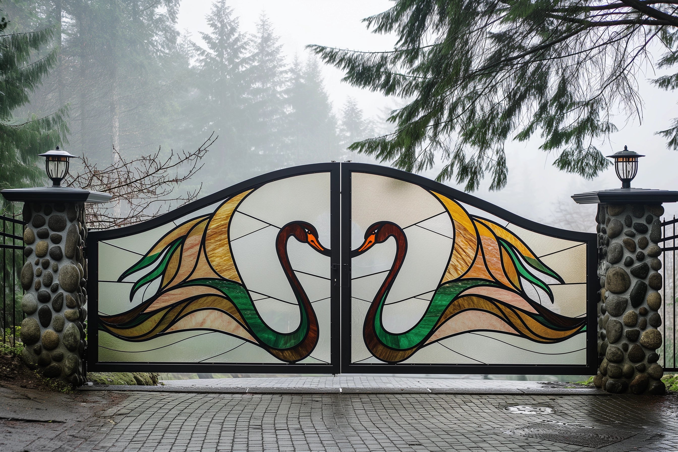 Ozdobna brama wjazdowa ze stali z motywem łabędzi niemych