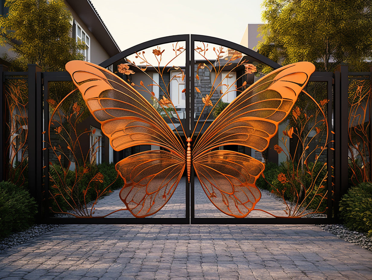 Dekoracyjna brama wjazdowa, kuta ze stali - "rustykalny motyl" kowalstwo artystyczne