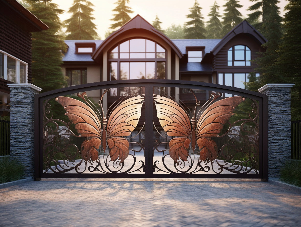 Brama wjazdowa, kuta ze stali - "motyle dwa" - kowalstwo artystyczne