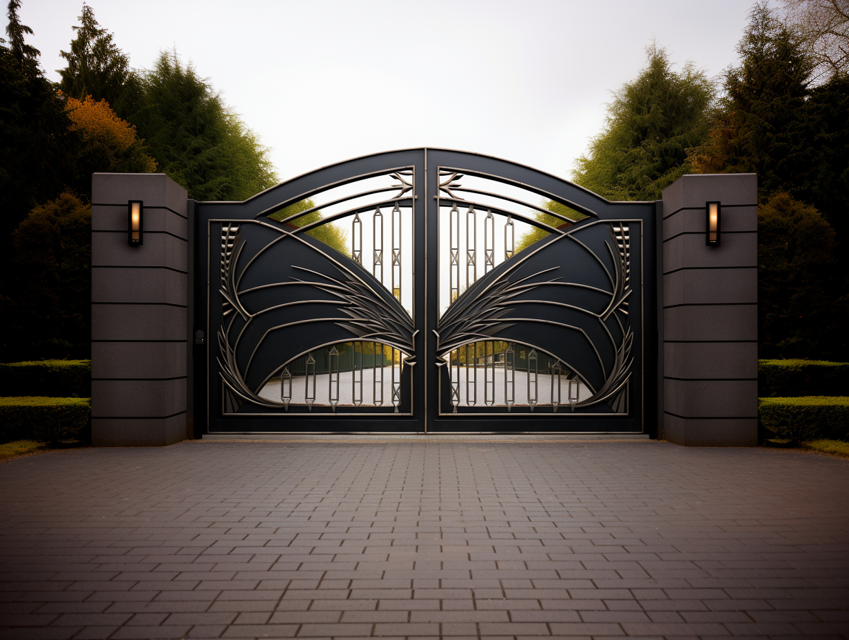 Nowoczesna, kuta brama wjazdowa- Futurystyczne Art Deco