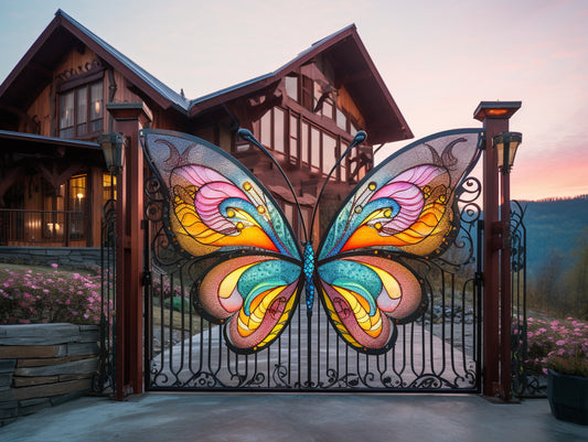 Brama wjazdowa - "Kolorowy motyl z witrażem" - Kowalstwo artystyczne witraż