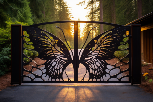 Dekoracyjna brama wjazdowa ze stali z motywem motyla