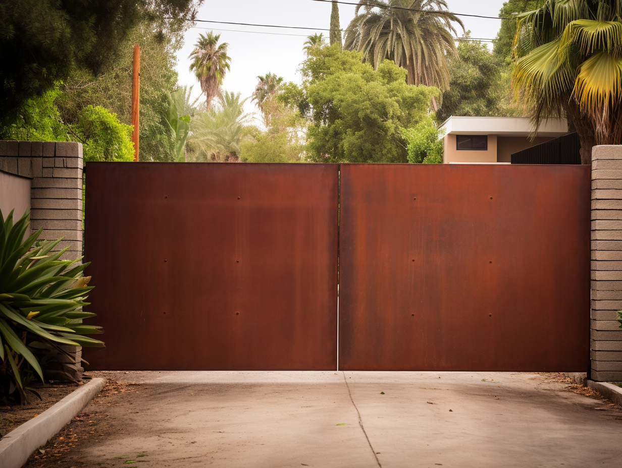 Brama wjazdowa ze stali COR-TEN - oszczędna, pełna.