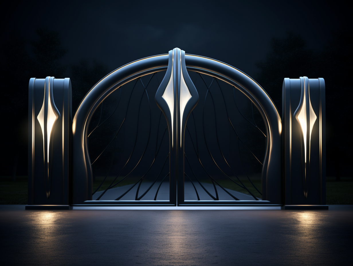 Brama wjazdowa z witrażem i LED - futurystyczne Art Deco