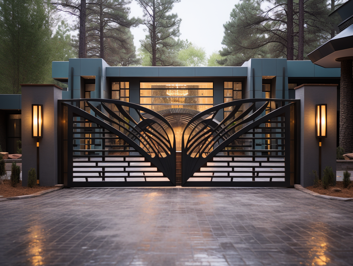 Nowoczesna, kuta brama wjazdowa - Art Deco