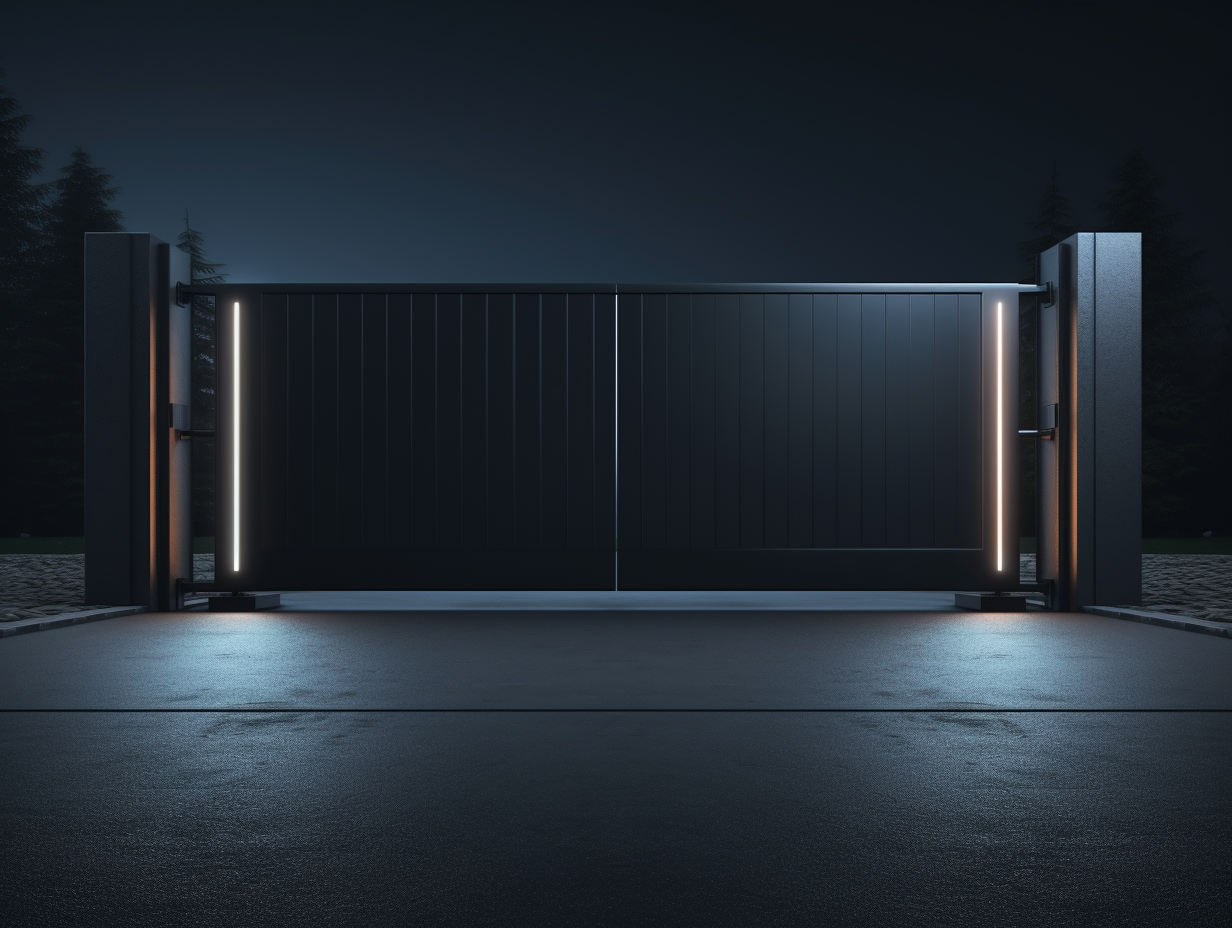 Nowoczesna, metalowa brama wjazdowa z podświetleniem LED