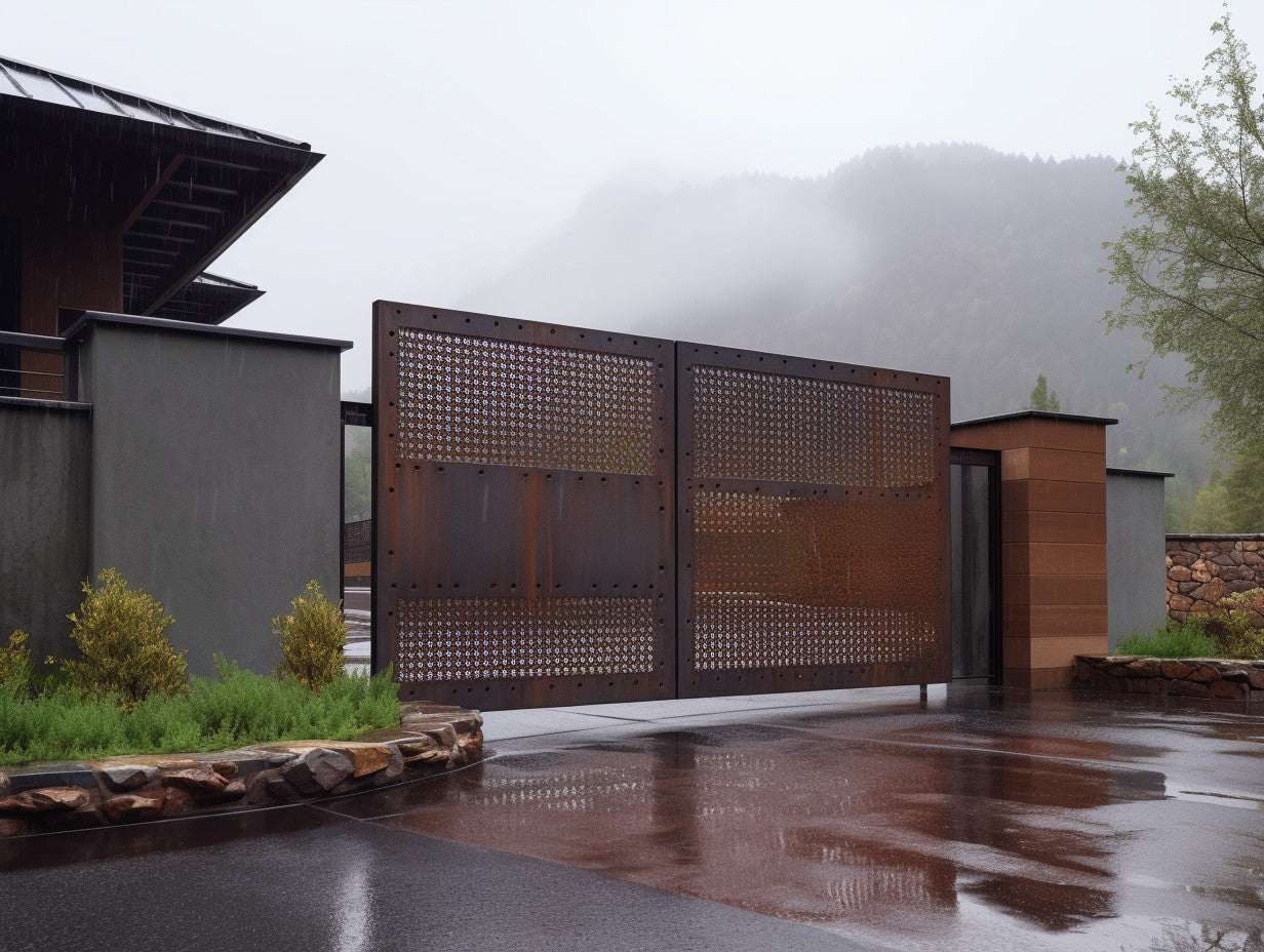 Brama wjazdowa ze stali COR-TEN® - computer chip 8-bit z automatem