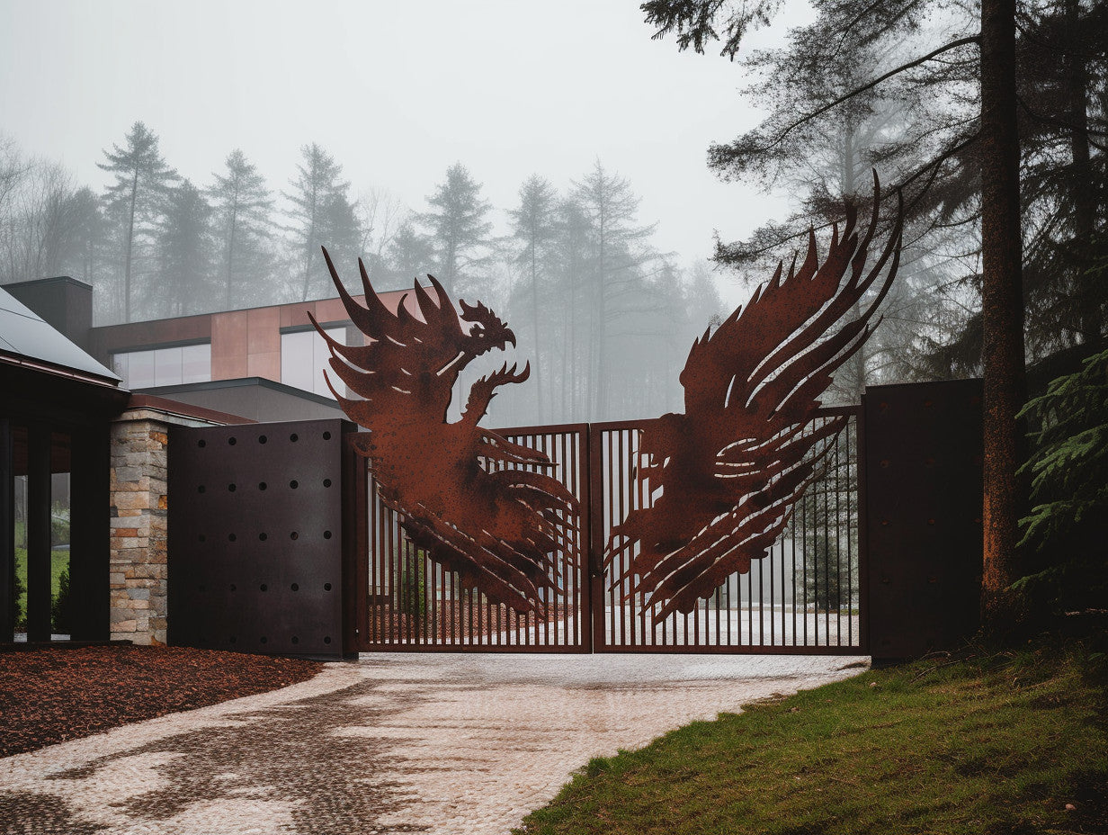 Brama wjazdowa ze stali COR-TEN® - prehistoryczny ptak, eksluzywna