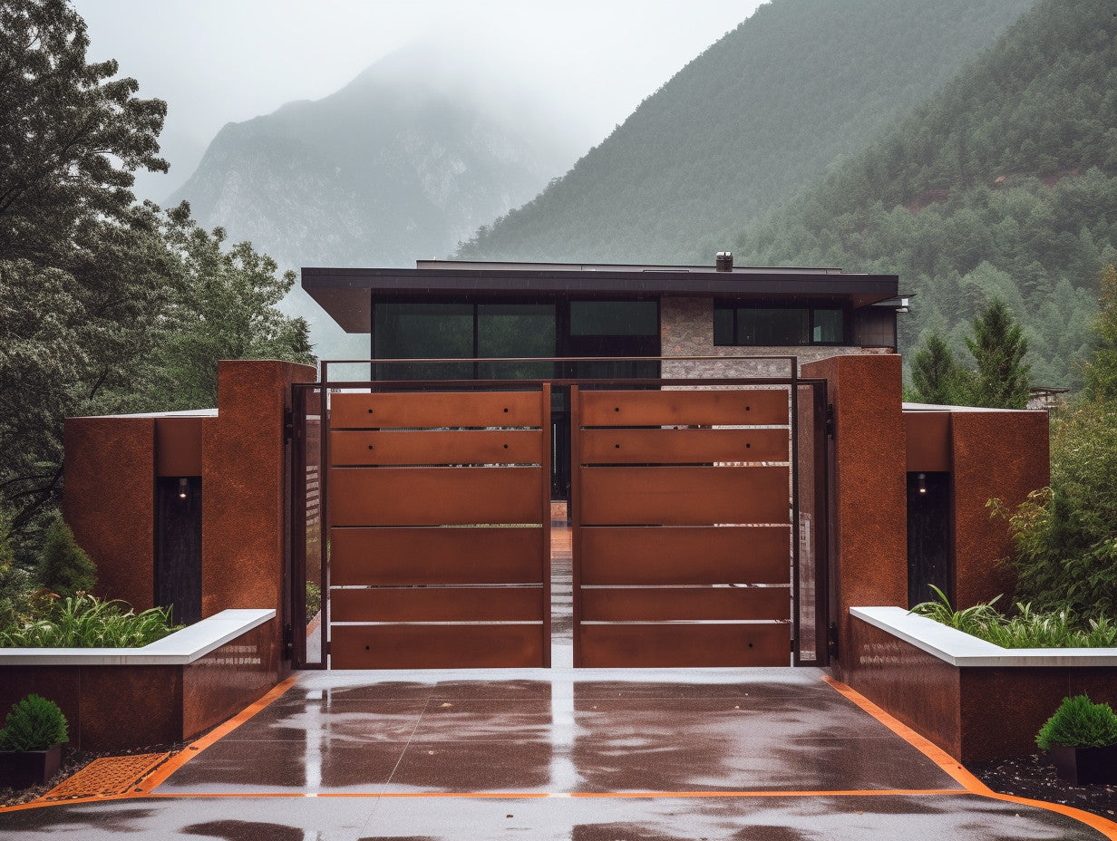 Brama wjazdowa ze stali COR-TEN® - minimalizm, bauhaus.