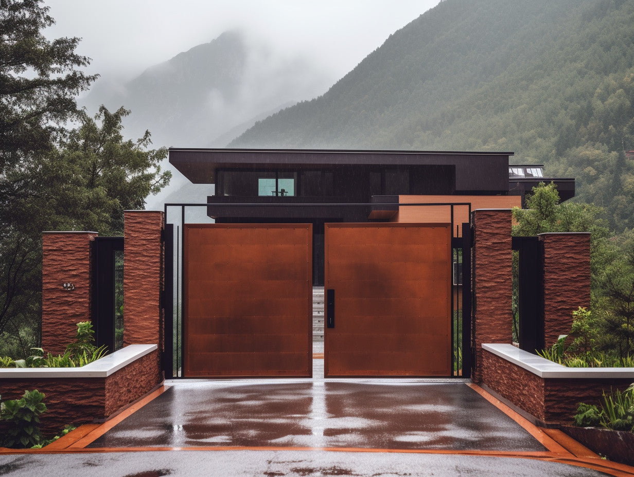 Brama wjazdowa ze stali COR-TEN® - bauhaus, minimalizm, wypełniona.