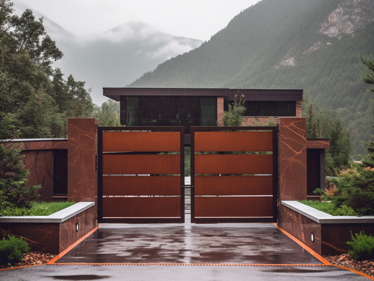 Brama wjazdowa ze stali COR-TEN® - minimalizm, bauhaus.