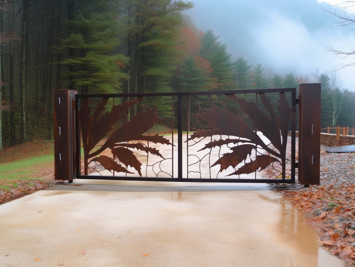 Brama wjazdowa ze stali COR-TEN® - dekoracyjna, klon.