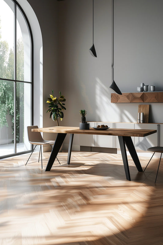 Stahltisch mit Holzplatte – handgeschmiedet