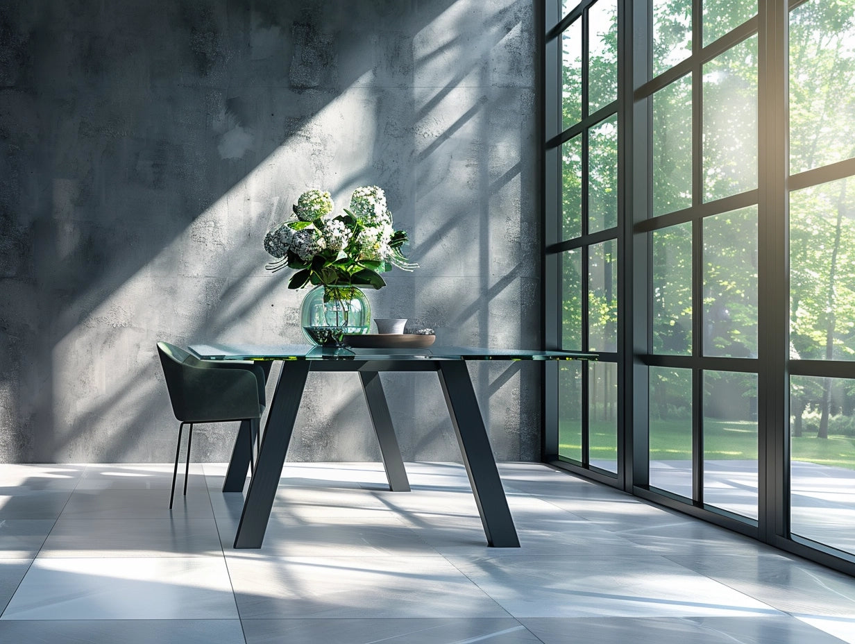 Solidny stół jadalniany ze szklanym blatem - ręcznie kuty