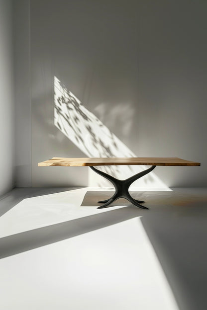 Metalowy stół od projektanta z drewnianym blatem - ręcznie kuty