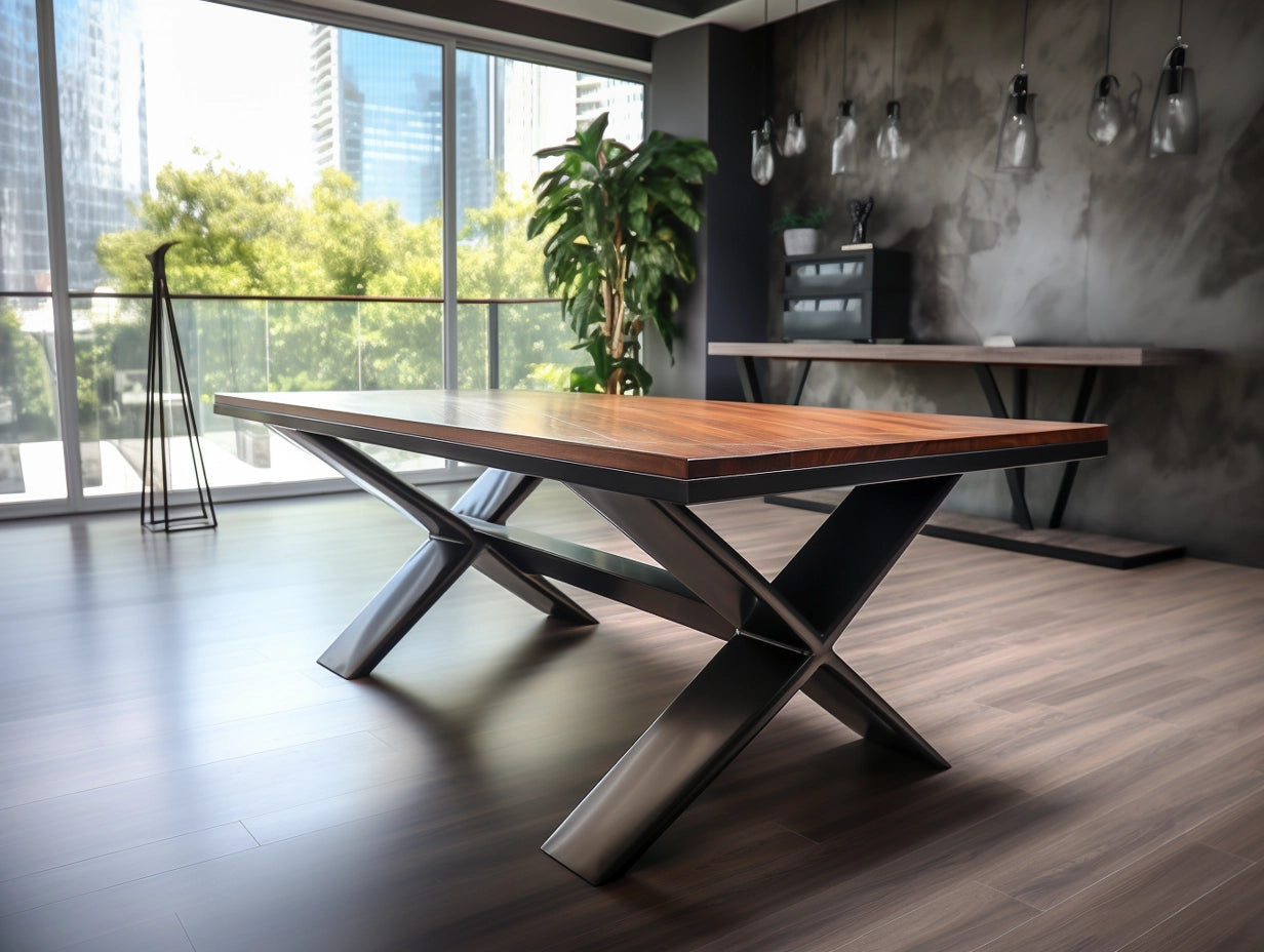 designer metal table with wood tabletop
