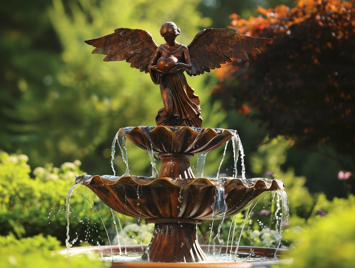 Neoklasyczna fontanna z rzeźbą anioła ze stali Cor-Ten