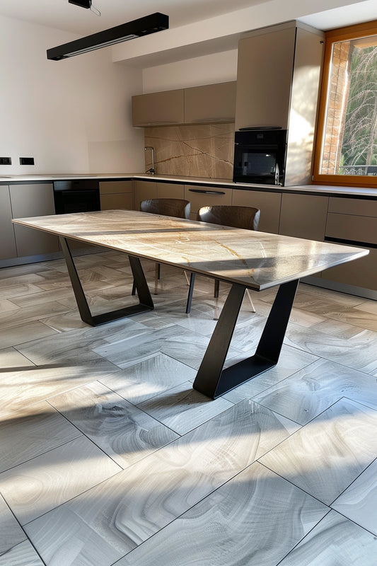 Modern steel table with a marble top - hand-forged