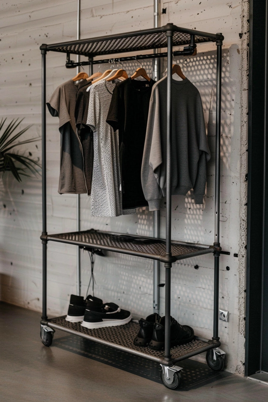 Minimalistyczny wieszak ubraniowy z siatką na kółkach