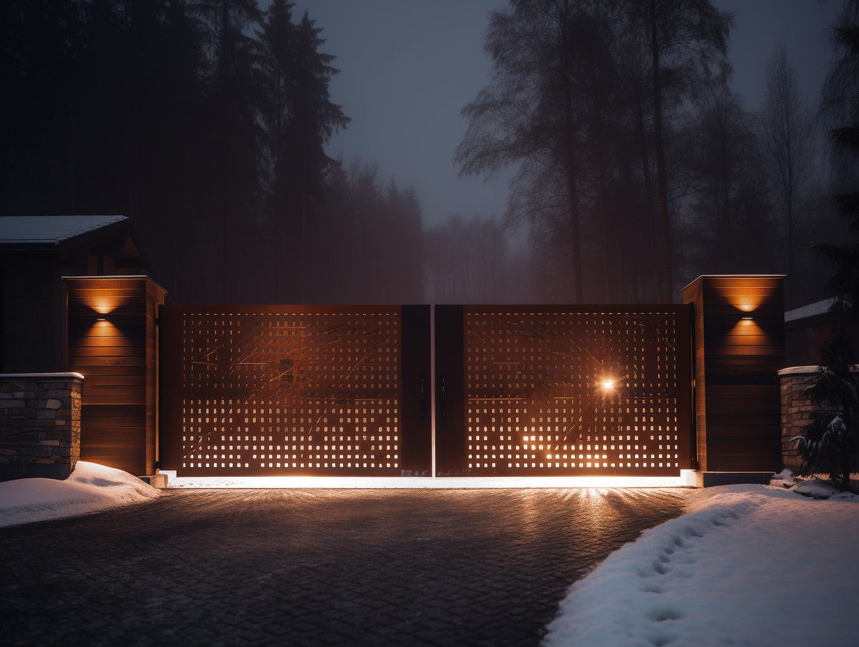 Brama wjazdowa ze stali COR-TEN® - bauhaus, minimalistyczna z automatem