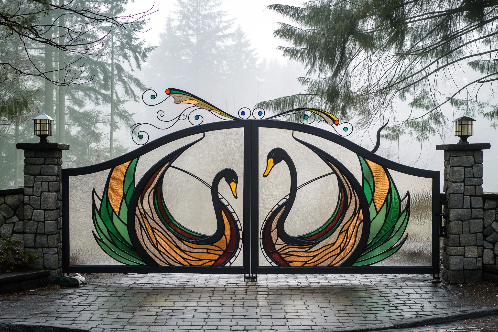 Artystyczna brama wjazdowa ze stali z motywem łabędzi niemych