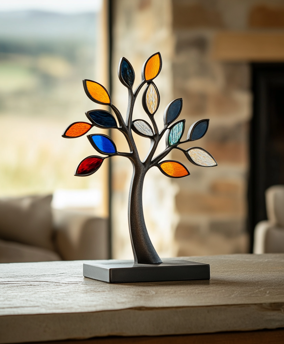 metalowe drzewko z witrażem rzeźba odlew
