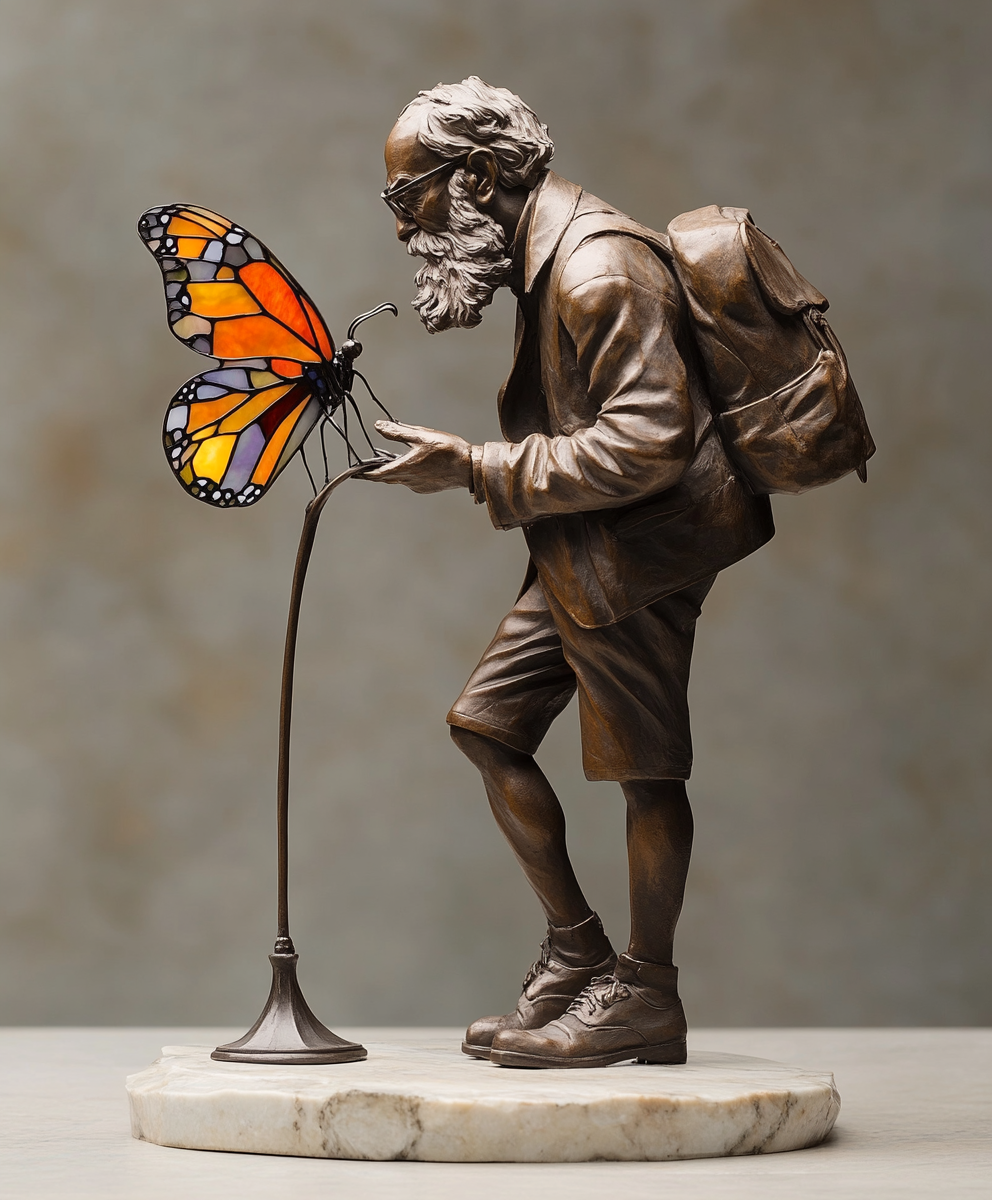 Charles Darwin - bronze statuette with stained glass