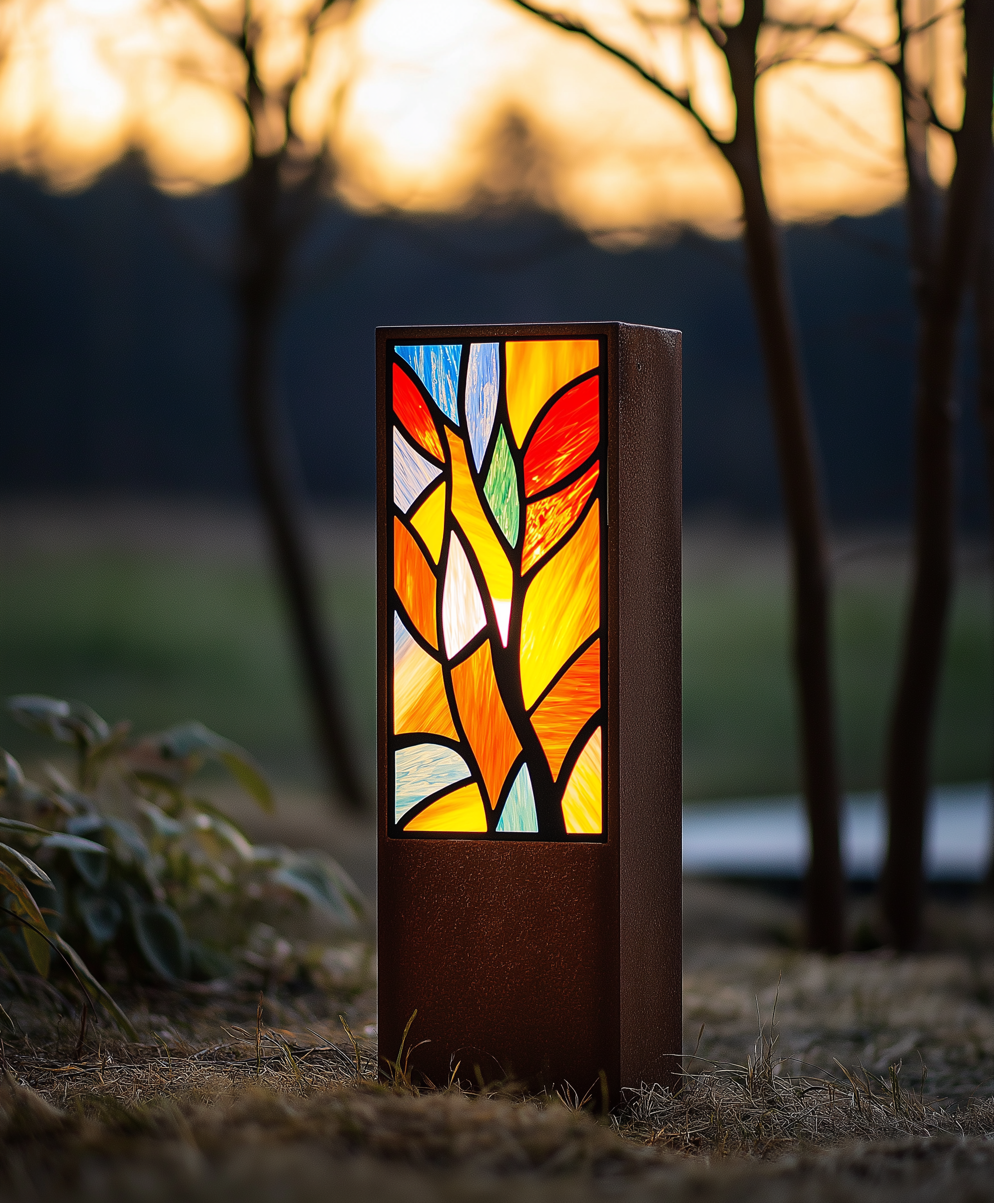 Lampa ogrodowa. Stal cor-ten, witraż, LED