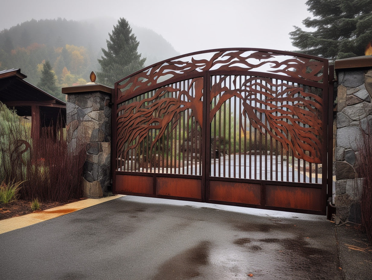 Brama wjazdowa ze stali COR-TEN® - rystykalne pnącza korten