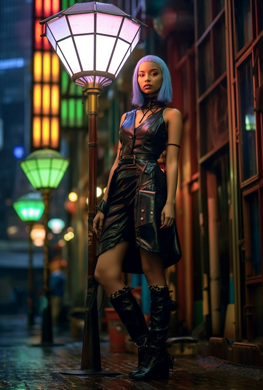 "Dobiemir" - Latarnia kuta ze stali z witrażem. W stylu cyberpunk. Lampa uliczna ogrodowa kolorowa