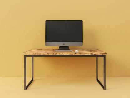 Minimalistyczny stół stalowy z drewnianym blatem - ręcznie kuty