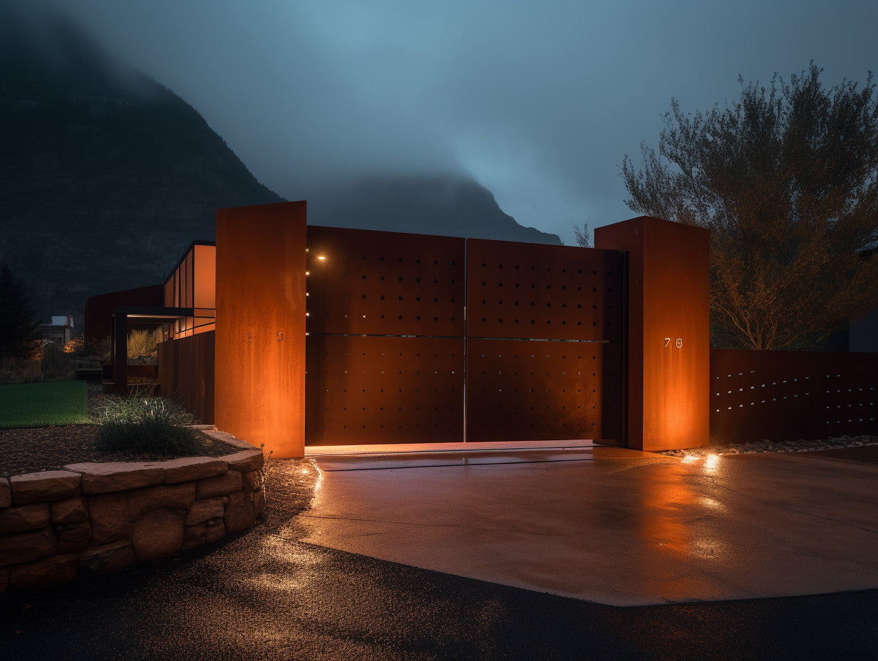 Brama wjazdowa ze stali COR-TEN® - kropeczki