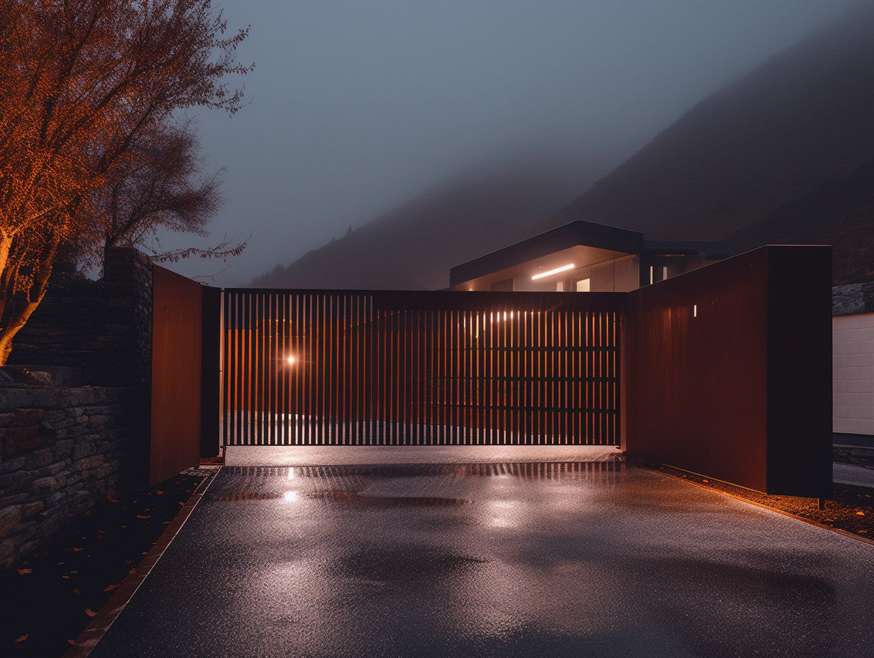 Brama wjazdowa ze stali COR-TEN® - Oszczędna, pionowe sztachety.