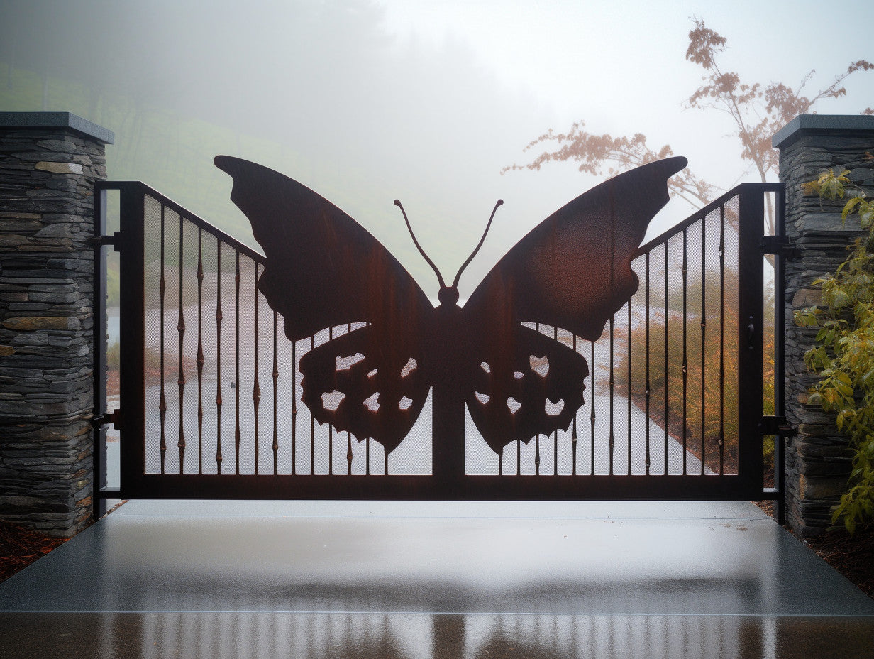Brama wjazdowa ze stali COR-TEN® - efekty motyla motyl z automatem