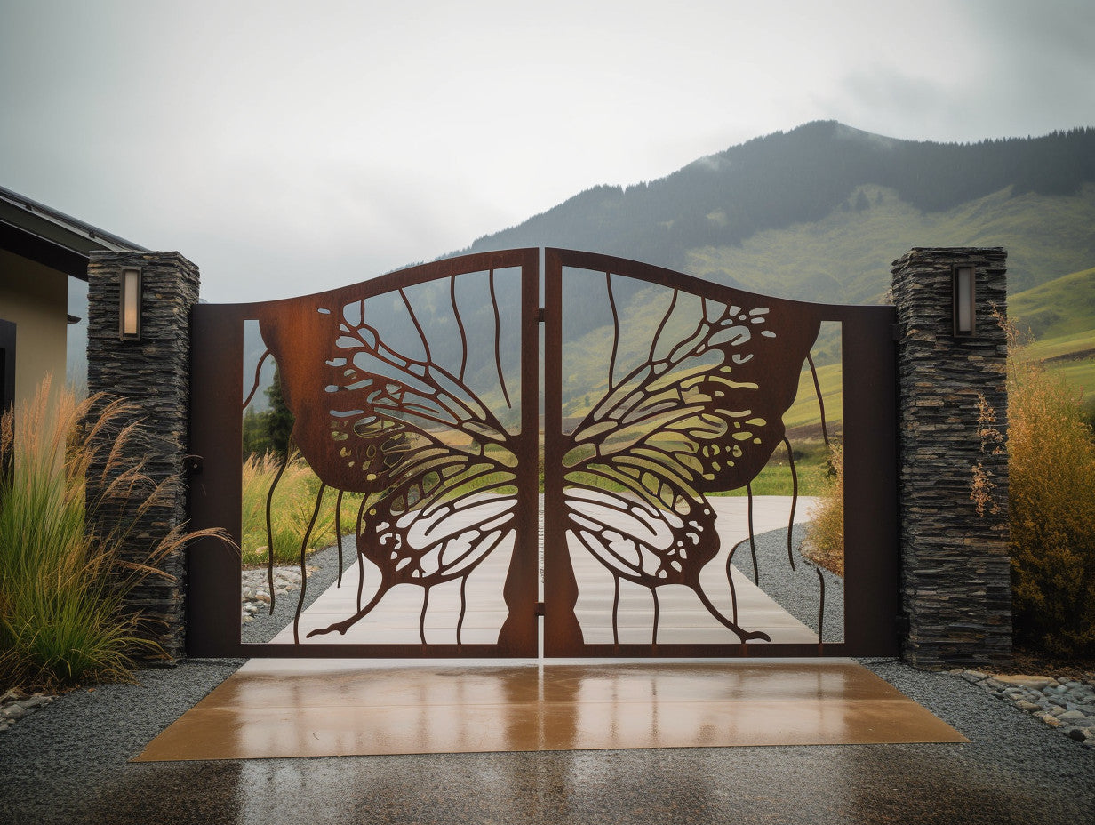 Brama wjazdowa ze stali COR-TEN® - Motyl nad górami