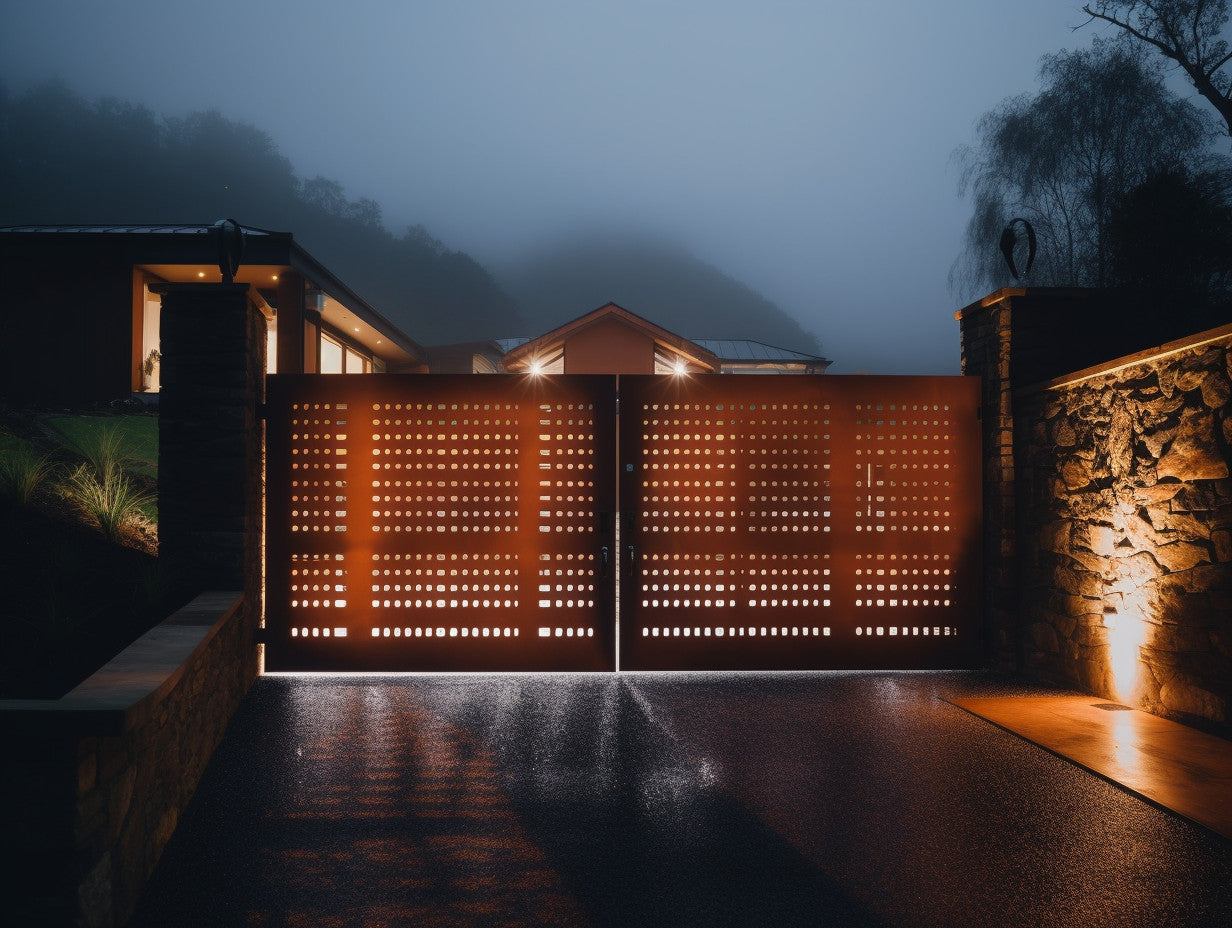 Brama wjazdowa ze stali COR-TEN® - perforowana, ozdobna.