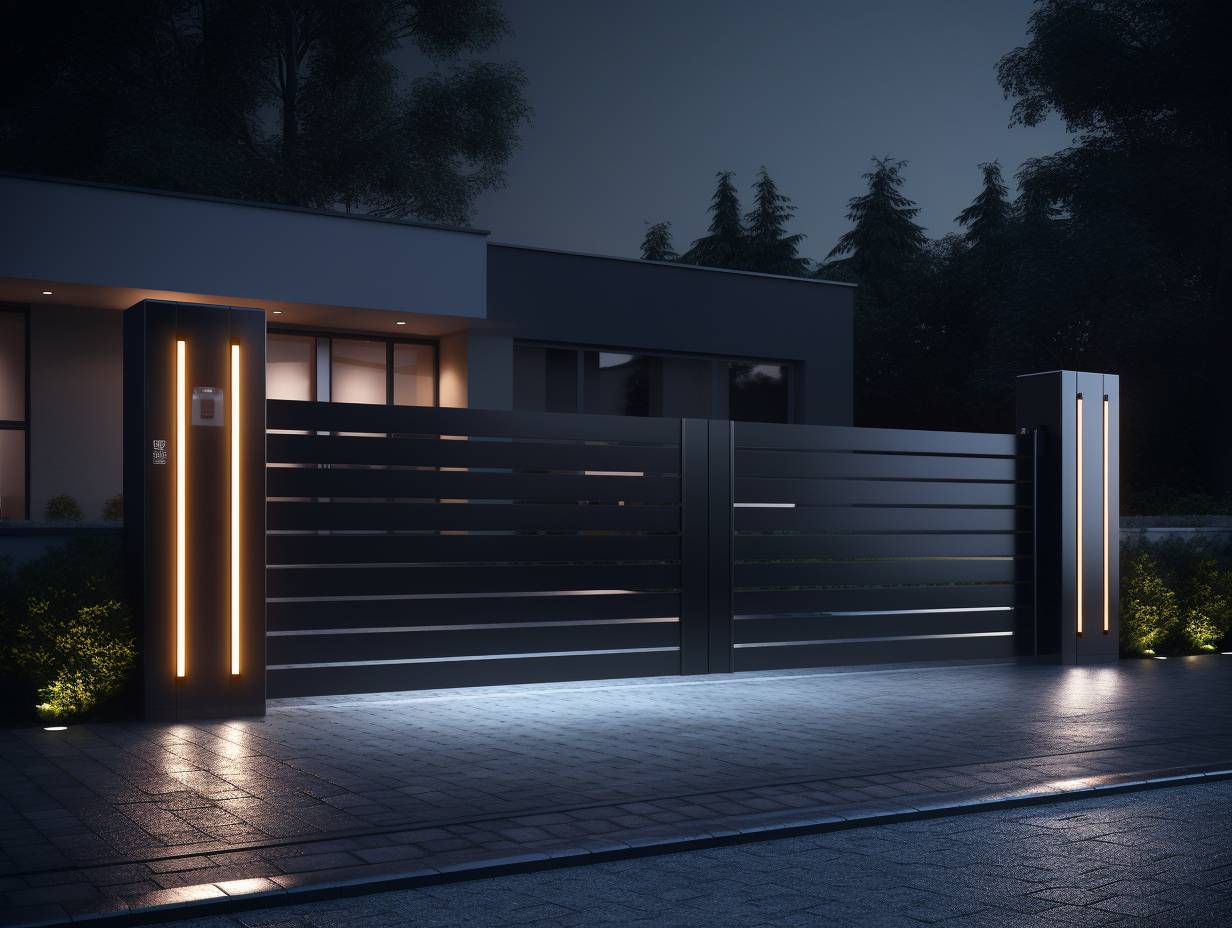 Modern, metal entrance gate with LED backlight 