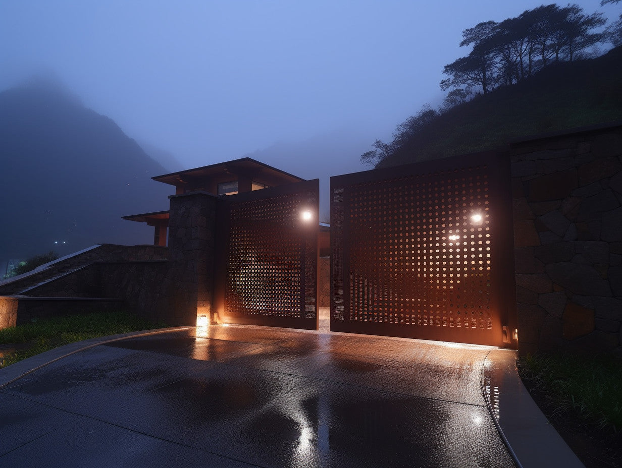 Brama wjazdowa ze stali COR-TEN® - bauhaus, kropki