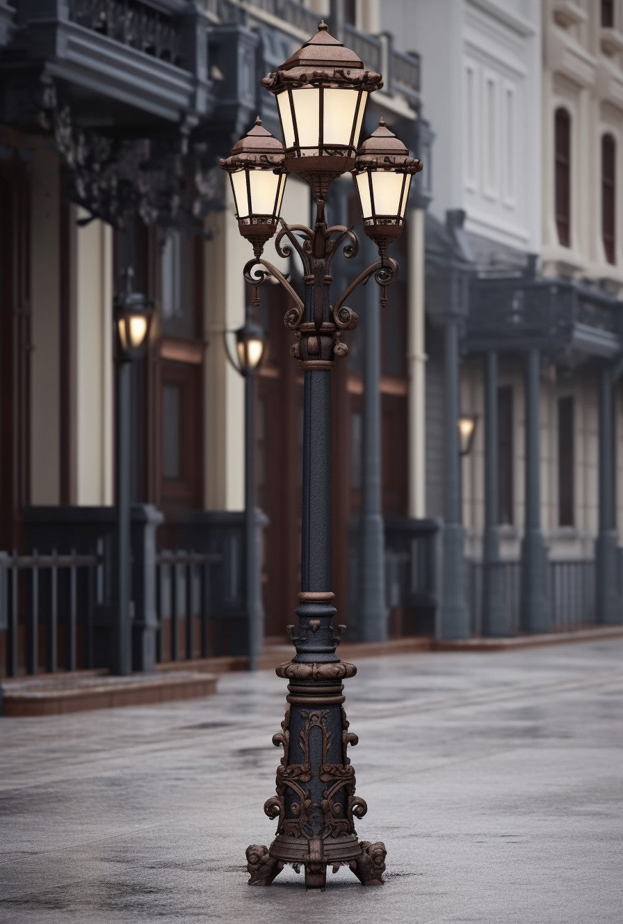"Broniwoj" - Potrójna latarnia uliczna na wymiar. Kowalstwo artystyczne. Kuta stalowa metal