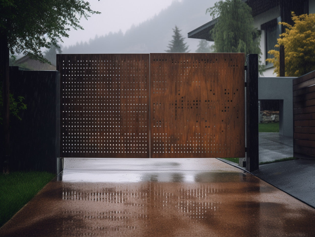 Brama wjazdowa ze stali COR-TEN® - nowoczesna pixeloza z automatem