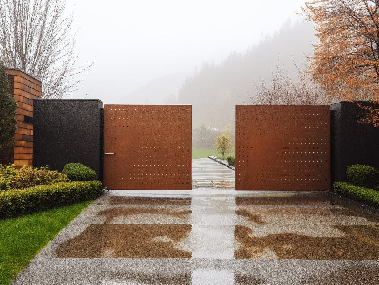 Brama wjazdowa ze stali COR-TEN® - pixeloza, bauhaus.
