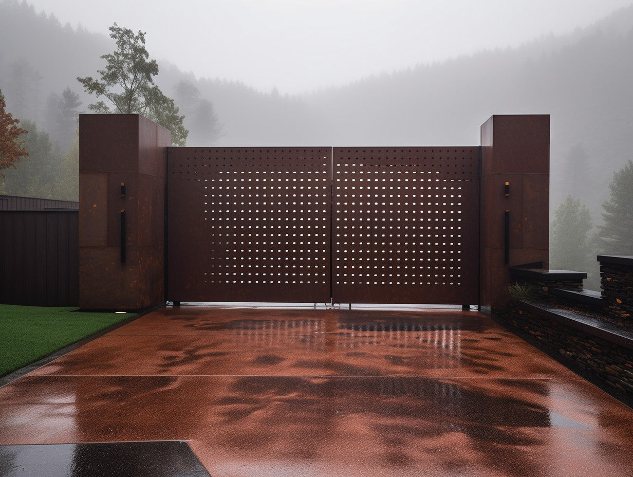 Brama wjazdowa ze stali COR-TEN® - nowoczesna pixeloza z automatem