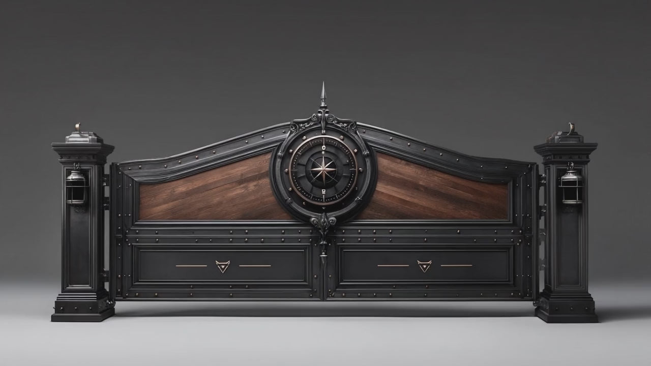 Artystyczna brama wjazdowa kuta ze stali i drewna